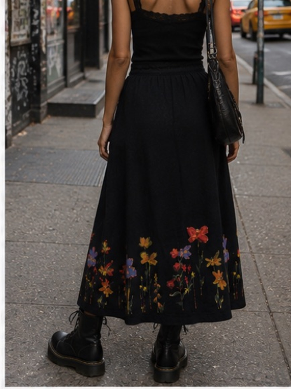Whimsigoth Vintage 100% silk grunge chic Womens Black Floral Maxi Skirt Sz 8